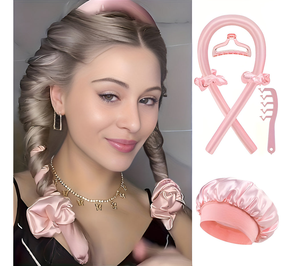 Golden Rose Heatless Curls – 6-Piece Pink Satin Set (Rod, Clips, Scrunchies, Comb & Bonnet)