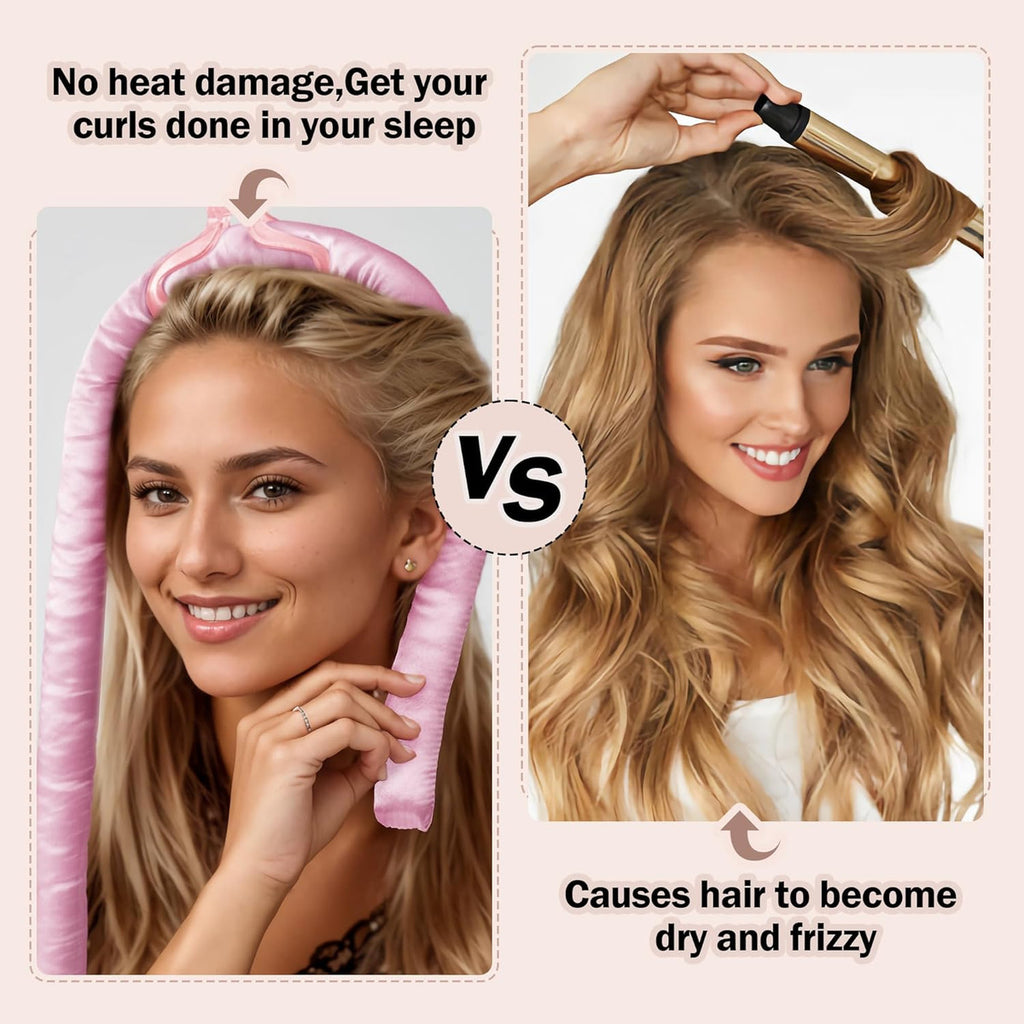 Golden Rose Heatless Curls – 6-Piece Pink Satin Set (Rod, Clips, Scrunchies, Comb & Bonnet)