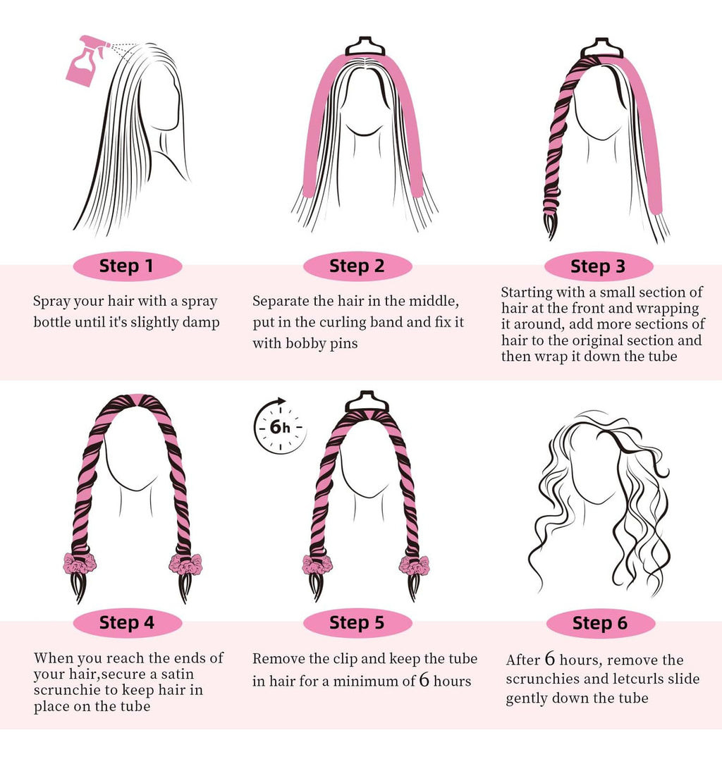 Golden Rose Heatless Curls – 6-Piece Pink Satin Set (Rod, Clips, Scrunchies, Comb & Bonnet)