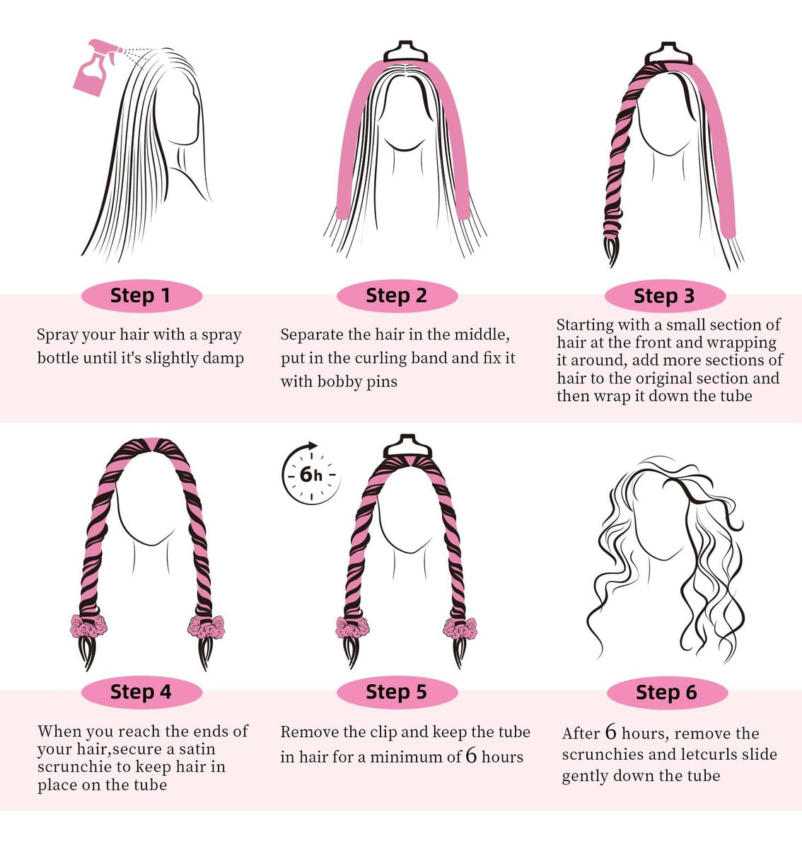 Golden Rose Heatless Curls – 6-Piece Pink Satin Set (Rod, Clips, Scrunchies, Comb & Bonnet)