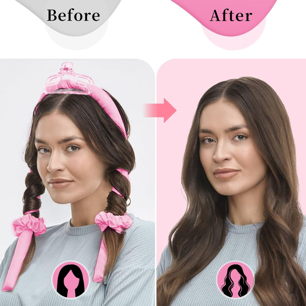 Golden Rose Heatless Curls – 6-Piece Pink Satin Set (Rod, Clips, Scrunchies, Comb & Bonnet)